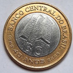 Brasil, 1 Real, 2005 – Edição Comemorativa 40 Anos do Banco Central - Moeda Anômala / Variante: Reverso Inclinado