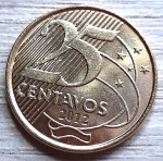 Brasil, 25 Centavos, 2012 – 2 Moedas Anômalas / Variante: Reverso Inclinado - com Brilho de Cunhagem (4 Fotos)