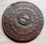 Brasil Império, 40 réis com Carimbo Geral de 20, 1832R (Rio), Variante: Boné dos 2 Lados, C751, Cobre (4 Fotos)
