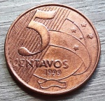 Brasil, 5 Centavos, 1999, Série Escassa - Data Chave, V465, Aço Revestido de Cobre, Linda Peça!