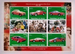 Guiné, 1998 - Mini Folha Comemorativa do 100º Aniversário de Enzo Ferrari - Exposição Filatélica Mundial de Milão 98  - Michel # 1977/85 - MINT - Obs: Os selos ilustram seis modelos históricos da marca: Ferrari 166, Ferrari 410 Superamerica, Ferrari 365 GTCA, Ferrari Dino 308 GT4, Ferrari Testarossa, Ferrari F40 e os pilotos Gilles Villeneuve, Juan Manuel Fangio e Michael Schumacher