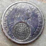 Brasil, 960 réis, Carimbo de Minas sobre 8 reales de 1797, reinado de Carlos IIII, com cunho do gravador iniciais P.P. (é o gravador mais escasso) de Potosi,  Bolívia. Carimbo tipo "B", todos os algarismos tocam nos ramos, 19a. Variante - Prata - P450