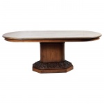 Elegante mesa oval Art-Dêco,  para jantar, de madeira nobre, base com moldura de bronze decorada com