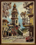 Acrílica sobre tela "igreja", proteção de moldura de madeira estilo baguete. Autor não identificado. Medida total 44 x 54 cm.