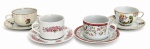 Lote com 4 xícaras de chá em porcelana, com respectivos pires, de estilos distintos: decoração floral clássica, motivos campestres e infantil, incluindo exemplar com acabamento perolado. Peças delicadas, ideais para composição de mesa e ou coleção. Acompanham seus respectivos pires.