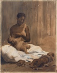 NEY TECÍDIO  Técnica mista sobre papel, aquarela, assinada e datada 18/04/1951, representando cena intimista de maternidade, com mãe negra amamentando uma criança enquanto outra repousa ao seu lado. Obra de forte caráter social e sensível tratamento da figura humana, em tonalidades sépia. Apresenta marcas do tempo, pequenas perdas e rasgos no suporte, compatíveis com a antiguidade. Medidas da obra: 26  33 cm. Medidas totais: 35  43 cm.