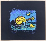 Gravura contemporânea, assinada no canto inferior direito e numerada 82/90 AP (Artists Proof), representando músico tocando violão sob a luz da lua, acompanhado por um cão. Composição de traços expressivos e vibrante contraste cromático, em tonalidades de azul, amarelo e preto. Medida da obra: 30  26 cm.