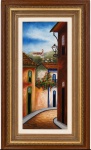 CLOVIS   Óleo sobre tela representando charmosa paisagem urbana de inspiração colonial, com casario, rua sinuosa e igreja ao fundo. Composição em rica paleta cromática, assinada e datada 2000 no canto inferior esquerdo. Acompanha elegante moldura em madeira patinada e dourada. Medida total: 100  60 cm.