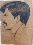 ENRICO BIANCO (Roma, 1918 - Rio de Janeiro, 08 de março de 2013) - Desenho auto retrato executado em nanquim/grafite sobre papel pardo, com traço firme e expressivo, destacando os detalhes dos cabelos e da fisionomia. Assinado no canto inferior esquerdo, com indicação Rio, datado 1968. Acondicionado sob proteção de moldura em madeira e vidro transparente. Medidas da obra: 27  37 cm. Marcas do tempo.