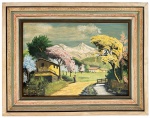 JACY F. CARVALHO  Óleo sobre placa representando paisagem campestre, com residência rural, curso dágua, vegetação florida e montanhas ao fundo. Assinado no canto inferior direito. Emoldurado. Medidas: obra 80  57 cm; medida total 108  85 cm.