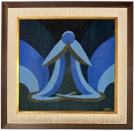 Obra modernista, técnica mista sobre placa, composição abstrata em tons de azul, preto e verde, representando figura estilizada em atitude contemplativa. Assinada no canto inferior direito. Anos 60/70. Emoldurada. Medidas: obra 51  51 cm; medida total 71  70 cm.