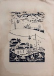 WILDE FACUNDA -  Xilogravura intitulada Itabira, datada de 1973, assinada e numerada 25/500 a lápis. Composição em preto e branco retratando paisagem urbana de Itabira, destacando casario, igreja e teleférico em marcante linguagem gráfica. Apresenta manchas de umidade nas margens do papel, sem comprometer a área gravada. Medidas: 46 x 64 cm.
