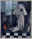 MATHILDE GALIMIDI (Egito, 1936)Natureza-morta, óleo sobre tela, assinada e datada 1977 no canto inferior esquerdo. Composição de linguagem moderna, apresentando garrafa, luminária, livro e formas geométricas em paleta sóbria de tons cinza, preto e branco, com acentos em vermelho. Obra: 46  38 cm. Medida total com moldura: 67  59 cm.
