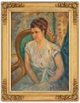 GAETANO MIANI (Troina, 1920  Roma, 2009)  Óleo sobre tela, retratando figura feminina sentada, em composição de caráter intimista, com pincelada expressiva e paleta delicada. Emoldurado em rica moldura dourada, de ornamentação floral em relevo. Medida da obra: 74 x 60 cm. Medida total: 92 x 77