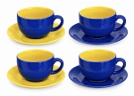 CONJUNTO DE 4 XÍCARAS PARA CHOCOLATE, em porcelana esmaltada, nas cores azul e amarelo, acompanhadas de seus respectivos pires. Design elegante e marcante.Medidas: 9,5 cm diametro.