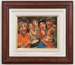 JOÃO BATISTA DA SILVA  Obra de caráter figurativo, com forte expressividade e colorido vibrante, representando grupo de personagens músicos em atmosfera festiva, com destaque para as figuras de traços estilizados e composição dinâmica. A paleta intensa de laranjas, verdes, azuis e ocres confere à obra aspecto alegre e popular. Assinada no canto inferior esquerdo e datada 1980. Óleo sobre tela. Medida da obra: 25 x 20 cm. Medida total com moldura: 40 x 35 cm