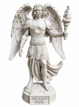 ARcanjo Uriel  escultura em resina de alta resolução 3 D, representando o Arcanjo Uriel com grandes asas, armadura ornamentada, símbolo solar ao peito e tocha na mão, sobre base circular. Peça de forte presença decorativa e riqueza de detalhes. Medidas: 30 cm de altura.