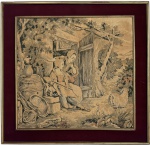 GOBELIN - Tapeçaria Gobelin antiga ornada com cena campestre, figuras femininas, animais e paisagem, emoldurada com passe-partout em veludo bordô e moldura dourada. Necessita fixação. Medidas: 58 x 58 cm.