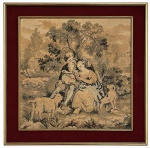 GOBELIN - Tapeçaria Gobelin antiga ornada com cena campestre, figuras femininas, animais e paisagem, emoldurada com passe-partout em veludo bordô e moldura dourada. Medidas: 58 x 58 cm.