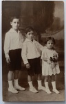  Retrato de Família / Infância de Época / Genealogia Familiar Anterior. Retrato formal de estúdio de três irmãos. Dois meninos à esquerda vestindo camisas brancas de gola marinheiro estruturada (sailor collar), bermudas escuras de alfaiataria, meias altas brancas e sapatos claros. À direita, uma menina menor com corte de cabelo chanel curto, usando um trabalhado vestido claro de renda e babados, segurando um ramo de flores naturais (rosas). Características Físicas: Fotografia original em tom sépia de excelente resolução. O verso traz o carimbo comercial roxo do estúdio portenho, numeração de arquivo manuscrita "47730" e a marca do papel postal "ARTURA". Corte reto tradicional.