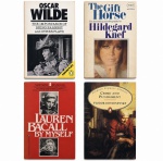 OSCAR WILDE / HILDEGARD KNEF / LAUREN BACALL / FYODOR DOSTOYEVSKY  Lote com 4 livros vintage em inglês, incluindo obras literárias e autobiografias, edições Penguin, com capas originais e sinais de uso compatíveis com a idade. Medidas: 18 x 11 cm.