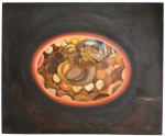 GUILHERME DE SOUZA  Natureza-morta com frutas e recipiente central. Óleo sobre tela, assinada e datada 1980. Intitulada no verso "raizes". Chassi no estado. Mede 60 x 73 cm.
