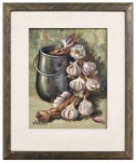 W. DARIENZO  óleo sobre placa, representando natureza-morta com cebolas sobre balde, em rica execução de pincelada e textura. Obra protegida por moldura com passe-partout.Medida da obra: 20 x  25 cm. Medida total: 42 x 37 cm.