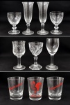 Conjunto com 10 taças e copos em cristal, modelos distintos, incluindo taças lapidadas e copos decorados. Medida da maior: 18 cm de altura.