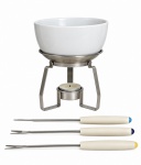 Conjunto para fondue, composto por tigela em cerâmica branca, suporte em metal e três garfos próprios, com cabos em diferentes tonalidades. Peça de design moderno e funcional. Medida do maior 15 cm de altura x 12,5 cm de diâmetro.