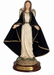 NOSSA SENHORA DAS GRAÇAS  Imagem sacra em resina policromada, com manto azul-marinho em veludo e detalhes dourados, sobre base com representação da serpente e inscrição N.S. DAS GRAÇAS. Apresenta marcas naturais do tempo. Mede 24 x 10 cm.