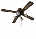 Ventilador de teto com quatro abas de madeira e cinco lâmpadas sendo 4 com mangas de pasta de vidro. Encontra-se fora do teto para retirada. Funcionamento desconhecido. Mede
