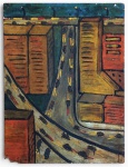 ANDREA BRANDANI  Obra de temática urbana, com composição de vias e edificações em perspectiva, realizada em técnica de pintura com cores intensas e pinceladas expressivas. Assinada ou datada no verso, conforme inscrição a confirmar. Apresenta sinais de desgaste, possui perda. Mede 89cm x 69cm.