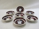 Sete (07) pequenos bowls para molhos , decorado com figuras do chef francês Estilo Fat Chef, coleção vintage  Sakura Jennifer Garant "Al Dente" . Med. 2 x 10,5 cm.