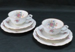 C.T. TIELSCH WALBRZYCH. POLAND - Par de trios em porcelana branca vitrificada, moldada na pasta, com pintura de flores e folhagens em policromia., frisos dourados Meds: prato para bolo 17,5 cm, xícara 5 x 10 cm, pires 14,5 cm.