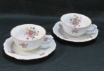C.T. TIELSCH WALBRZYCH. POLAND - Par de xícaras em porcelana branca vitrificada, moldada na pasta, com pintura de flores e folhagens em policromia., frisos dourados.