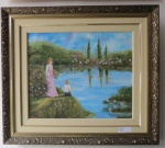 SONIA APELFELD. " Lago com figuras", óleo sobre tela, assinado no C.I.D. . Med. 70 x 79/47 x 44 cm.. RETIRADA POR CONTA DO ARREMATANTE NO GALPÃO EM SÃO CRISTOVÃO COM AGENDAMENTO.