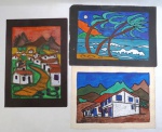 Di Bianco 77- Três pinturas óleo sobre cartão " Casario e marina" Medidas. Med. 40 x 27 cm  e 27 x 40 cm.