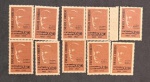 BRASIL C-325A 1954 - CENT. EMANCIPAÇÃO DO PARANÁ - PAPEL PALHA - LOTE COM 10 VALORES , COM GOMA - 50UFS