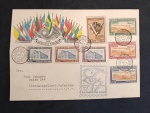 BRASIL - C-215/221 - CONGRESSO (UPAE) 1946 - CONGRESSO DA UNIÃO POSTAL DAS AMERICAS E ESPANHA  - BONITO ENVELOPE CIRCULADO COM CARIMBOS E VINHETA , COM  SÉRIE 215/221 COMPLETA- LUXO