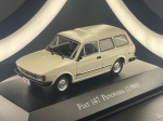 Miniatura colecionável em die-cast (metal com pormenores em plástico) referente ao clássico modelo station wagon Fiat 147 Panorama do ano de 1980, integrante da coleção "Carros Inesquecíveis do Brasil". Apresenta acabamento em pintura na cor branca/creme. Destaca-se pelo fiel detalhamento da carroçaria, incluindo frisos laterais em tom preto, para-choques pretos, maçanetas destacadas, tampa do depósito de combustível, janelas laterais ampliadas e lanternas traseiras. Equipado com jantes prateadas originais e pneus em borracha. Acompanha caixa acrílica protetora transparente e fundo temático ilustrado, estando fixado sobre base expositora rígida na cor preta com a identificação do modelo gravada em letras prateadas na parte frontal.   Item em excelente estado geral de conservação, com pintura brilhante e estrutura íntegra, sem faltas ou danos. A cúpula em acrílico translúcido e a base expositora encontram-se totalmente preservadas.   Medidas: 3 cm (altura)  8 cm (comprimento)  3 cm (largura).
