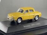 Miniatura die-cast do sedan desportivo Renault 1093 (1964) na cor amarela, pertencente à coleção clássica de veículos históricos. Apresenta detalhes fiéis do modelo francês, incluindo para-choques cromados com batentes e proteções tubulares dianteiras, frisos laterais cromados e puxadores detalhados, jantes de aço prateadas com calotas centrais, placas identificativas "RENAULT 1093", base expositora preta e caixa acrílica de proteção com especificações técnicas impressas no painel interno. Com marcas de tempo de uso.
