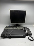 Lote composto por quatro itens: monitor LCD LG Flatron, moldura em tom prateado, base ajustável em preto, acompanha cabo VGA e cabo de energia; teclado com fio, sem identificação de marca visível, conector USB/PS2; aparelho de DVD Sony, modelo não identificado, com saída HDMI, cor preta; telefone fixo com fio Intelbras, modelo não identificado, cor preta, com monofone. Todos os itens apresentam sinais de uso. Funcionamento não testado. Lote vendido no estado em que se encontra. vídeo, display, reprodutor de DVD, ramal, periféricos, eletrônicos