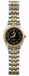 Relógio Orient, movimento japonês, à prova dágua até 10 m.Mostrador preto com números dourados e caixa metálica bicolor em aço e dourado, acompanhada de pulseira combinando os mesmos tons.Peça de uso masculino, de estilo clássico e funcionamento a quartzo. Desgaste do tempo. No estado. Medida do visor 4 cm.