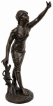 L. RENÉ - Escultura em petit bronze patinado representando figura feminina em postura clássica, braço elevado em gesto expressivo, apoiada sobre base orgânica. Assinada na base  L. René. Peça de estilo Art Nouveau, com boa modelagem e movimento. Meados séc. XIX. Mede 50 cm altura.