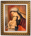 VERA LÚCIA VALARESCHINI  Madona III, julho de 2000. Acrílica sobre tela sobre placa, assinada, acompanhada de certificado de autenticidade da artista. Obra representando Madona com o Menino Jesus, em rica paleta de tons quentes. Medidas da obra: 50  40 cm. Medidas totais: 65  55 cm.