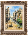 WANDA BASILIO - Obra em  óleo sobre tela, de linguagem impressionista, datada de 1977, representando movimentada avenida europeia, com casario, transeuntes, arborização e elegante poste de iluminação ao centro. Obra assinada no canto inferior direito. Artista localizada no Rio de Janeiro. Apresenta rica moldura de madeira entalhada. Medida da obra: 73 x 54 cm. Medida total com moldura: 103 x 84 cm.