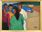 ORLANDO BRITO (19201981)  Pintura sobre tela, datada de 1979, representando grupo de pessoas em cena urbana, em composição de cores vibrantes. Intitulada "bate papo". Assinada e datada frente e verso. Emoldurada. Medida da obra: 17 x 22 cm. Medida total: 41 x 46 cm.