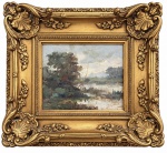 EDGAR PARREIRAS (1885 Rio de Janeiro 1964 Rio de Janeiro) Óleo sobre tela sobre madeira, paisagem de delicada execução e atmosfera luminosa, representando paisagem com vegetação, espelho dágua e horizonte ao fundo. A obra evidencia a sensibilidade paisagística do artista, integrante da tradicional família Parreiras. Edgar Parreiras era sobrinho de ANTÔNIO PARREIRAS e primo de DAKIR PARREIRAS, ambos importantes nomes da pintura brasileira. Apresenta dedicatória ao também pintor DAKIR PARREIRAS, conferindo especial interesse histórico e afetivo ao exemplar. Medidas da obra: 22 x 18 cm. Medidas totais com moldura: 39,5 x 35,5 cm.