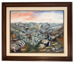 SUZANA LEVY (Rio de Janeiro, 1937  Rio de Janeiro, 2023). Colheita, 1991. Obra de temática rural, com trabalhadores realizando a colheita em campo florido, executada com pinceladas vigorosas e paleta luminosa. Assinada no verso e datada. Medidas: obra 92  73 cm; total com moldura 1,22  1,05 m.