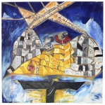BRANCA PAIXÃO  Série Iconográfica Rio de Janeiro. Obra em acrílica sobre tela, de composição figurativa e expressiva, representando uma interpretação vibrante da paisagem carioca, com casario, morros, personagens e elementos arquitetônicos em perspectiva singular. Assinada no canto inferior direito. Medidas: 1,00  1,02 m.